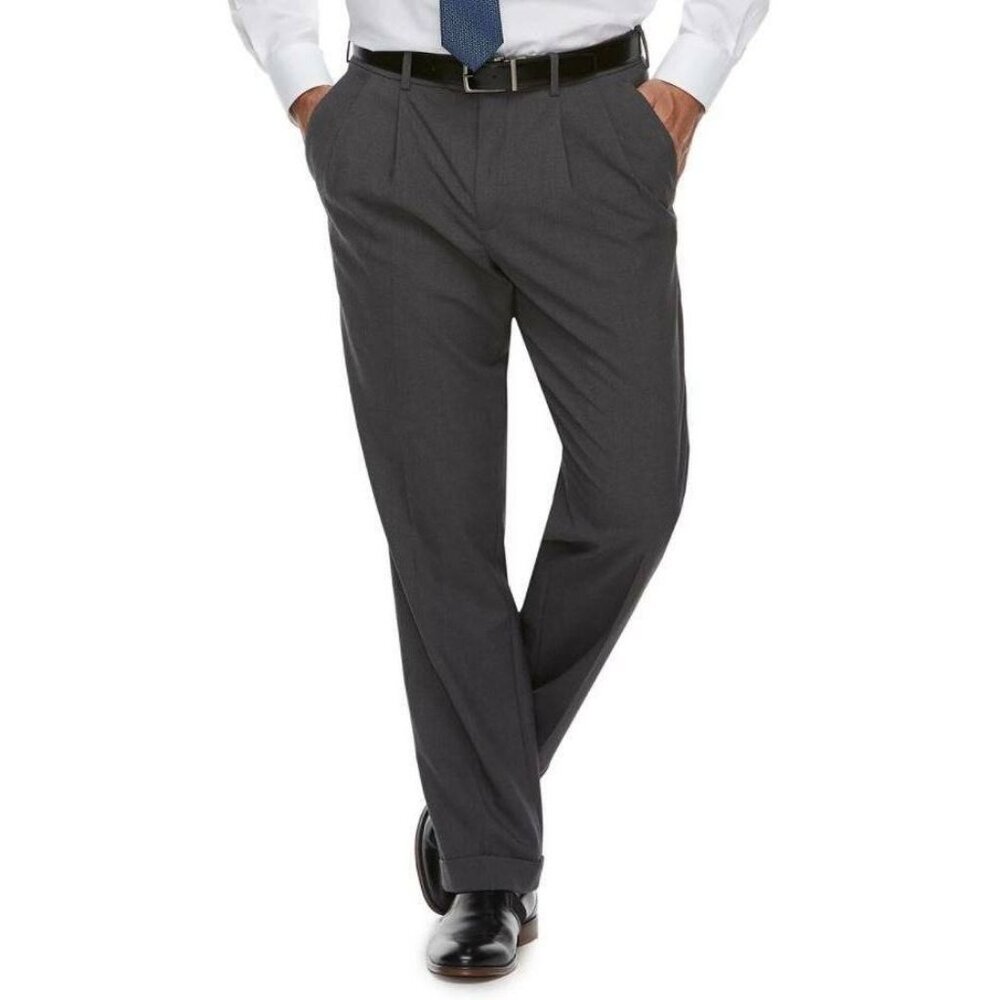 Mens Dress Pants 32x38 Gray Croft & Barrow Classic Fit Pleated No Iron Stretch-